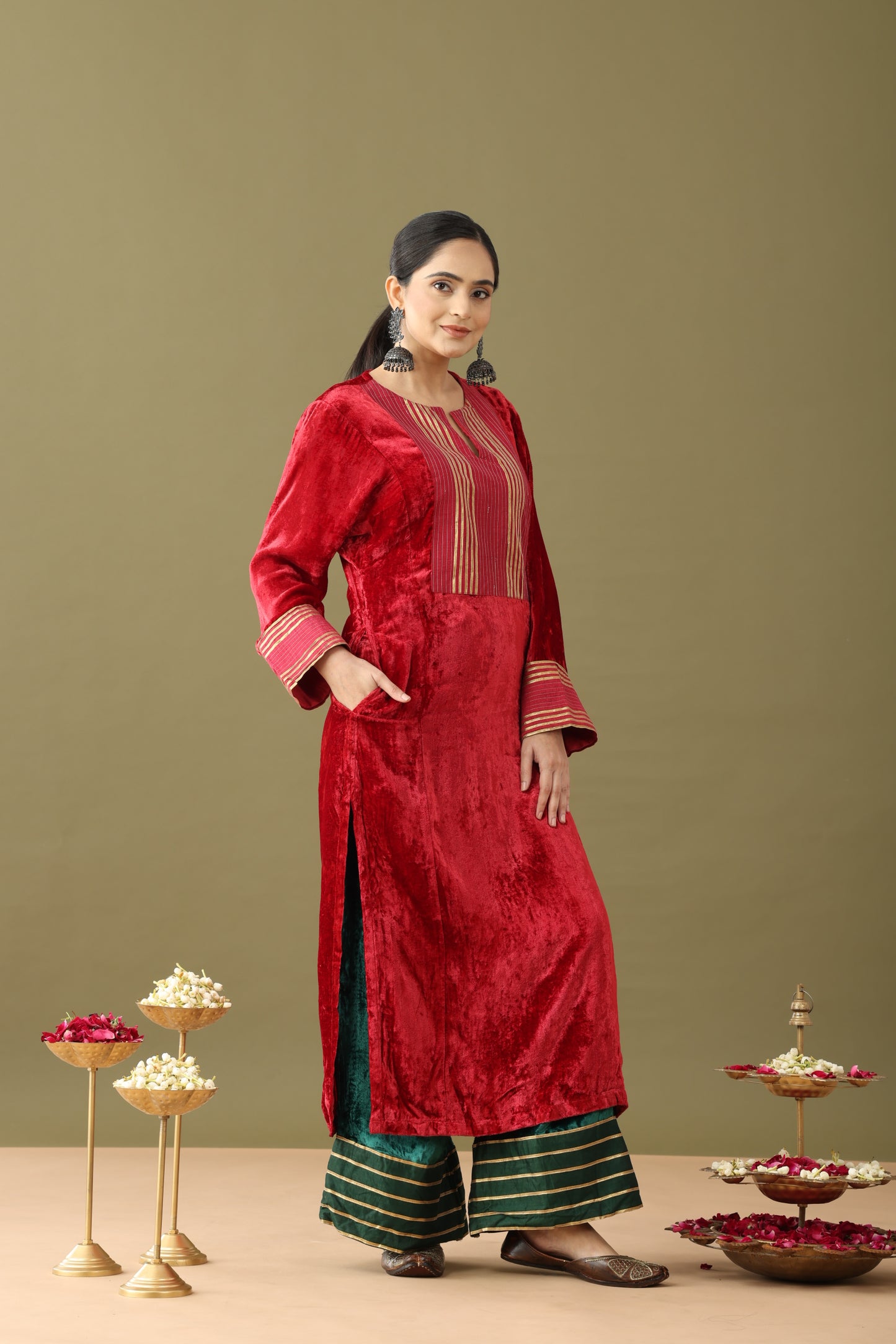 Utsaah Red And Green Velvet Gotta Kurta Set