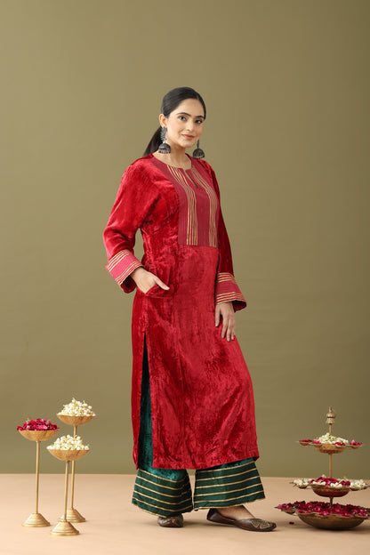 Utsaah Red And Green Velvet Gotta Kurta Set