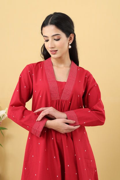 Saadgi Cherry Red Jamdani A-line Kurta Set