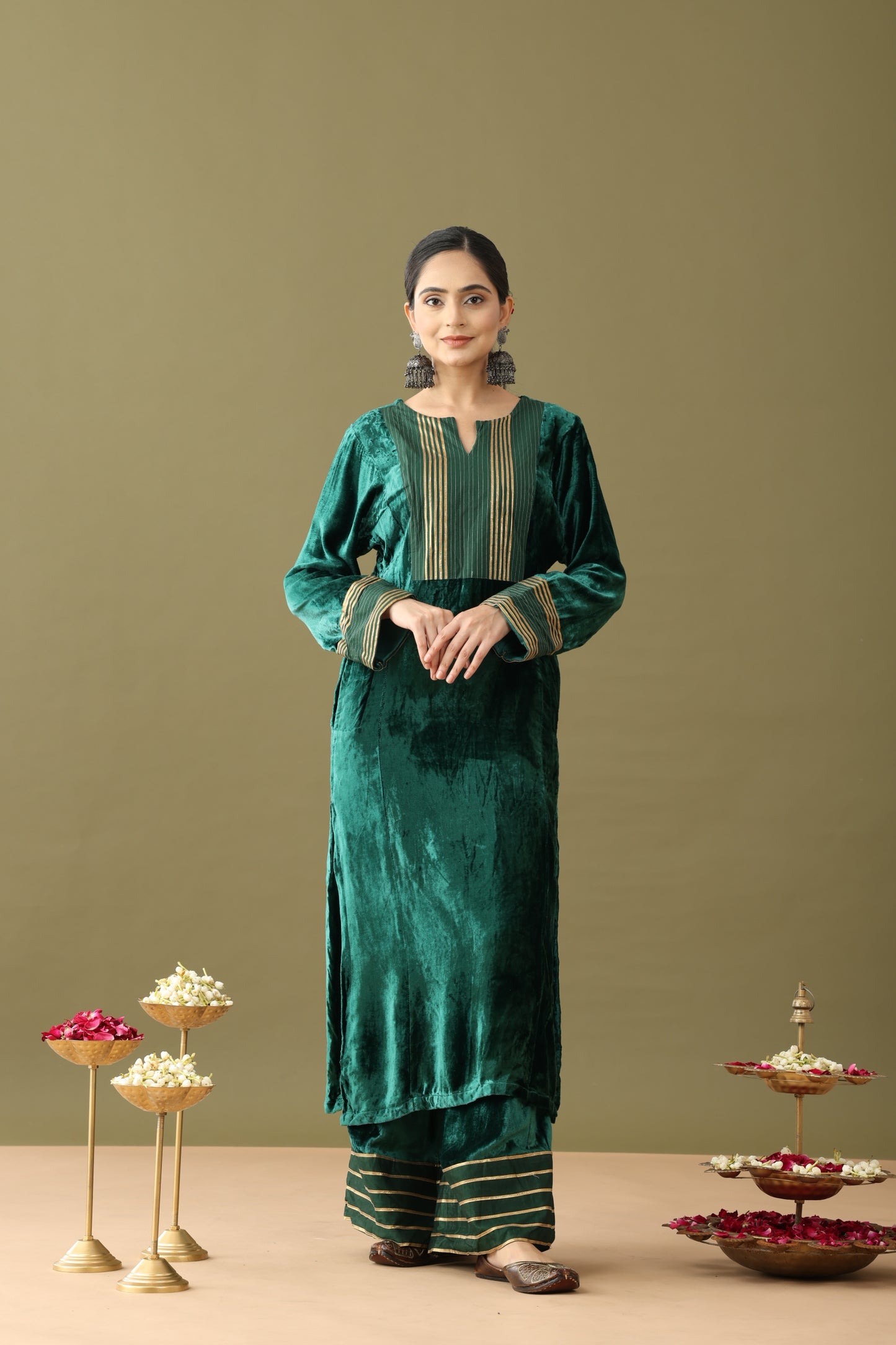 Utsaah Bottle Green Velvet Gotta Kurta Set