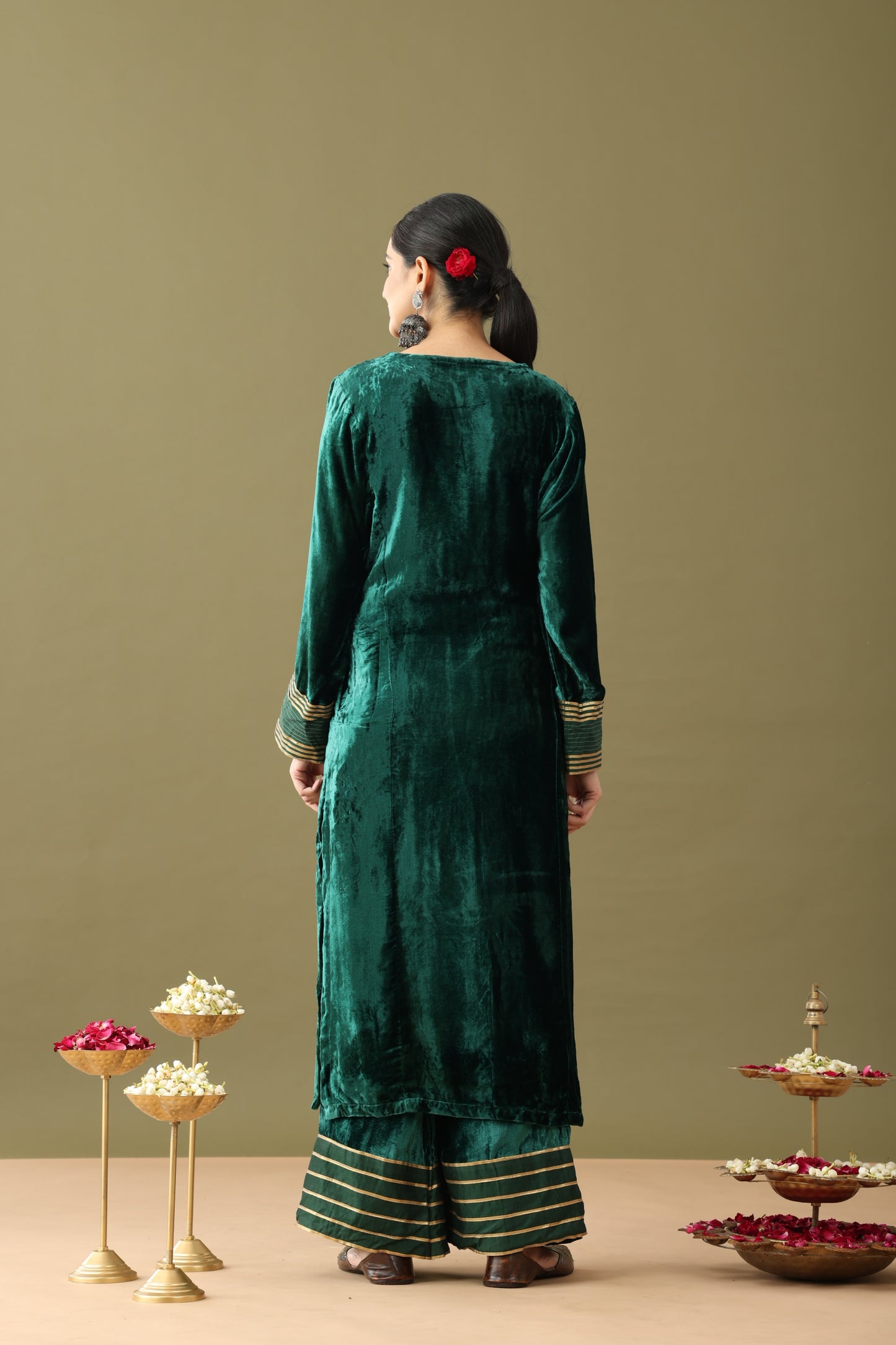 Utsaah Bottle Green Velvet Gotta Kurta Set