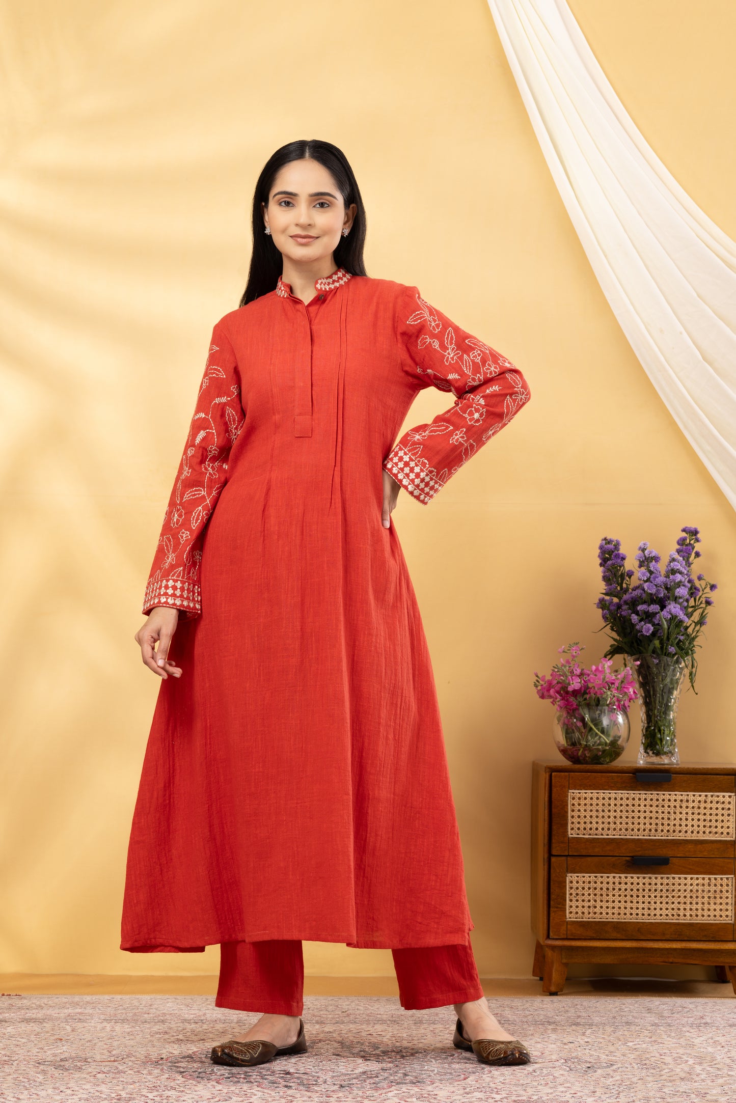 Saadgi  Burnt Brick Embroidered Kurta Set