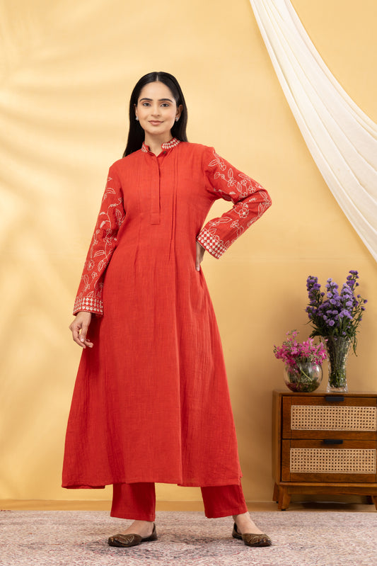 Saadgi  Burnt Brick Embroidered Kurta Set