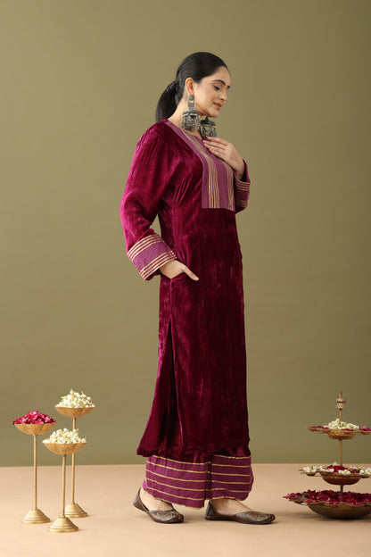 Utsaah Grape Wine Velvet Gotta Kurta Set