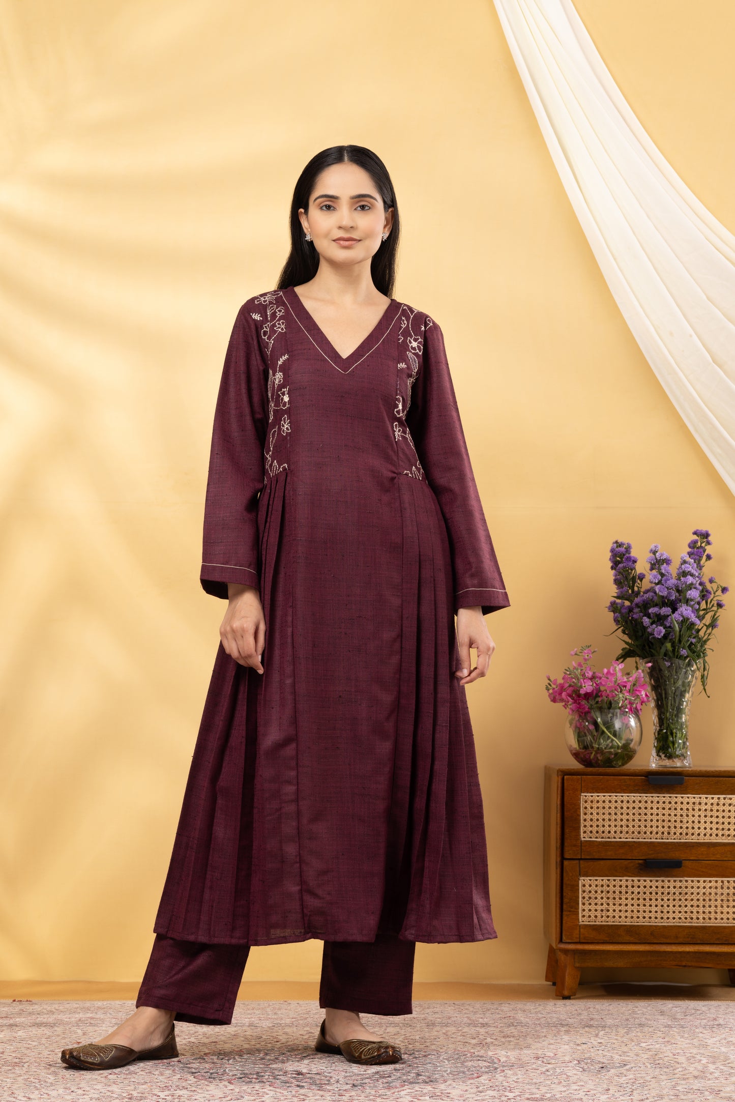 Saadgi Vintage Wine Embroidered Kurta Set