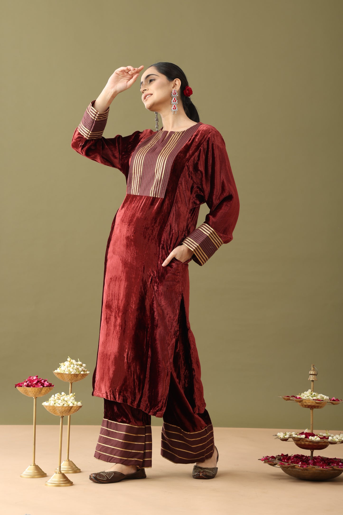 Utsaah Brick Brown Velvet Gotta Kurta Set