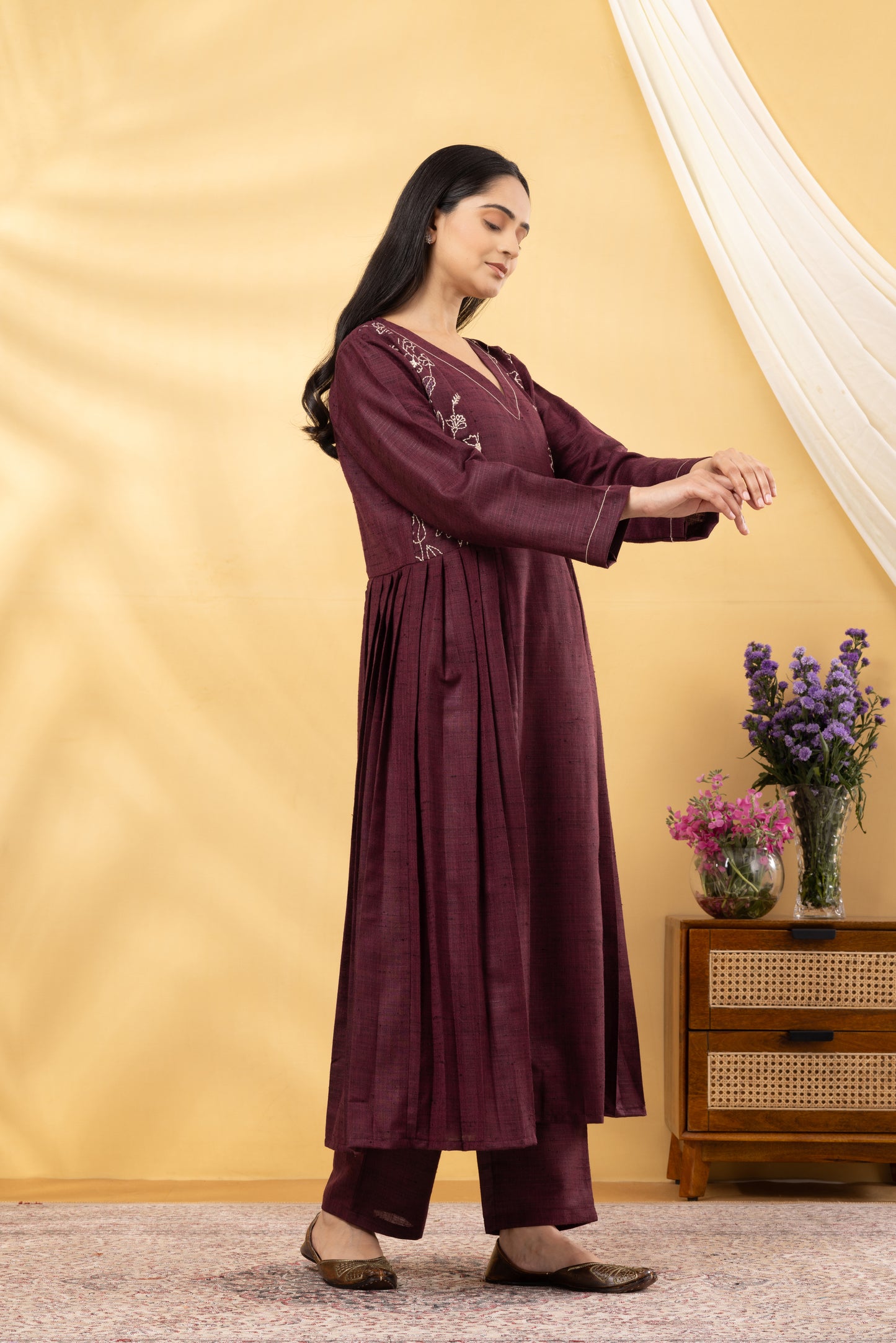 Saadgi Vintage Wine Embroidered Kurta Set