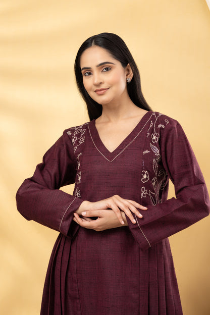 Saadgi Vintage Wine Embroidered Kurta Set