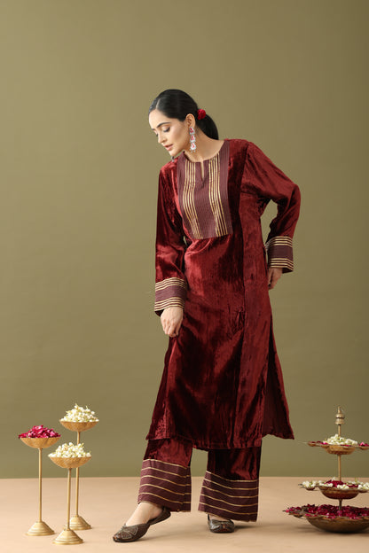 Utsaah Brick Brown Velvet Gotta Kurta Set