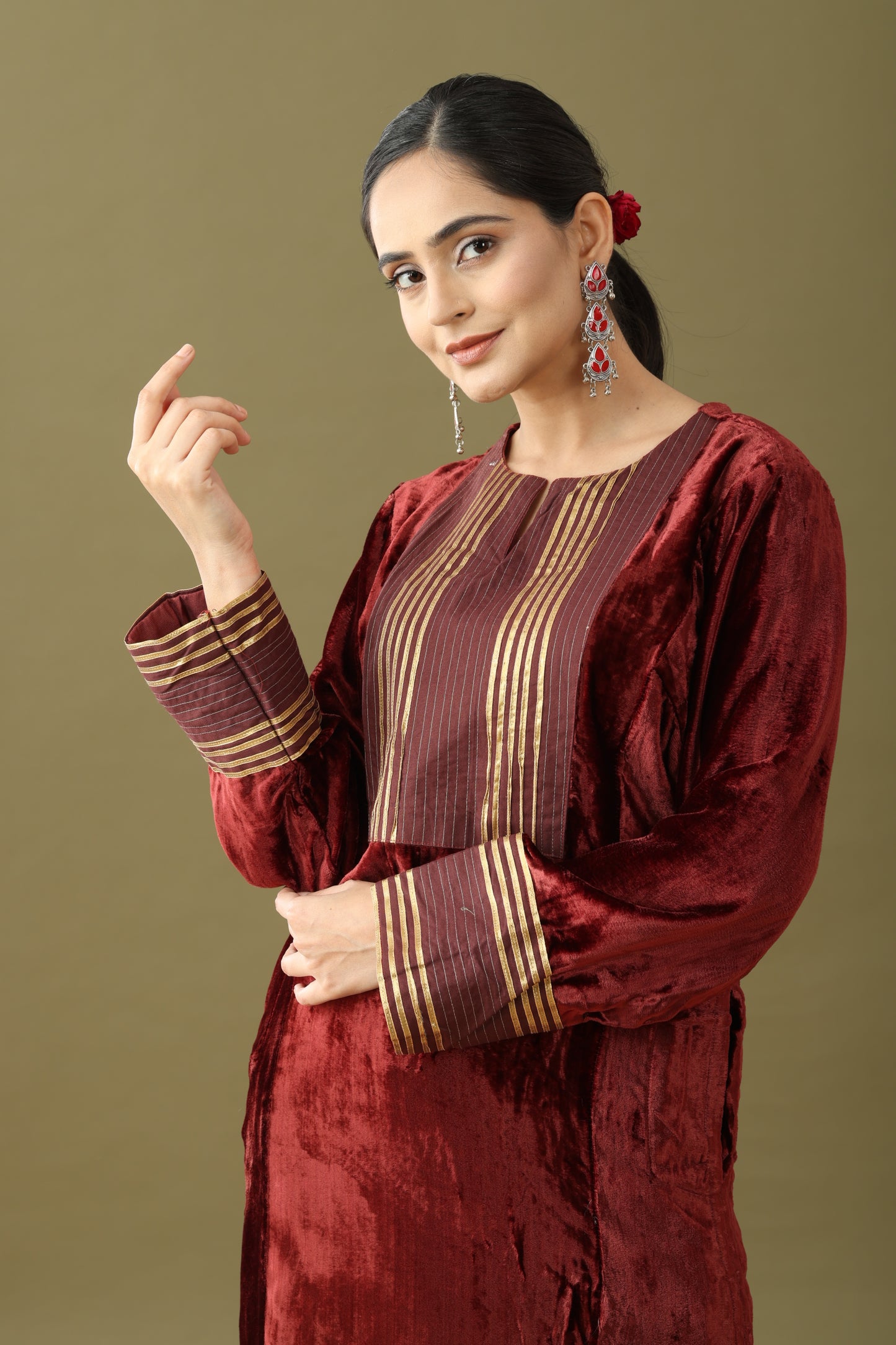 Utsaah Brick Brown Velvet Gotta Kurta Set