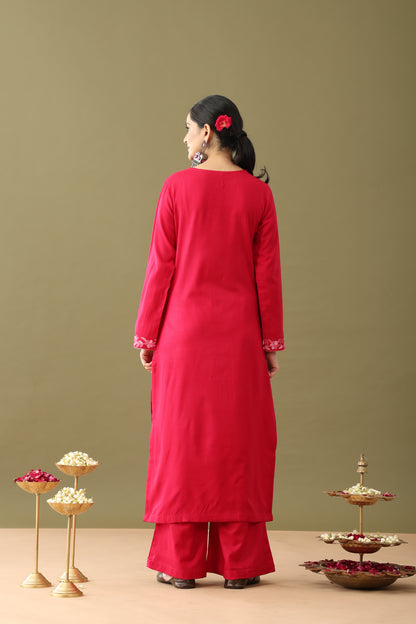 Utsaah Raspberry With Pink Aari Embroidery Kurta Set