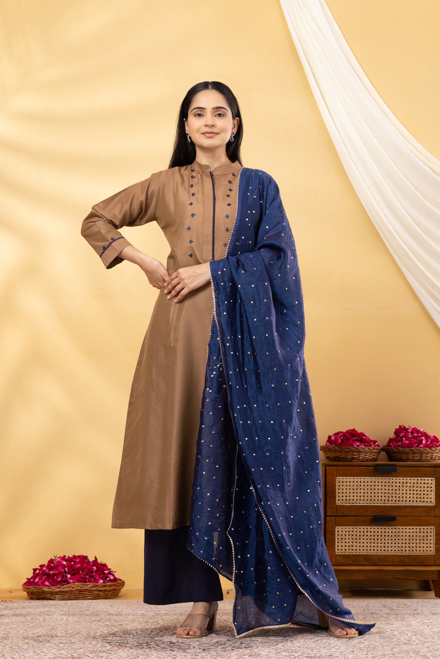 Saadgi  Warm Copper and Navy Embroidered Suit Set