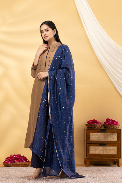 Saadgi  Warm Copper and Navy Embroidered Suit Set