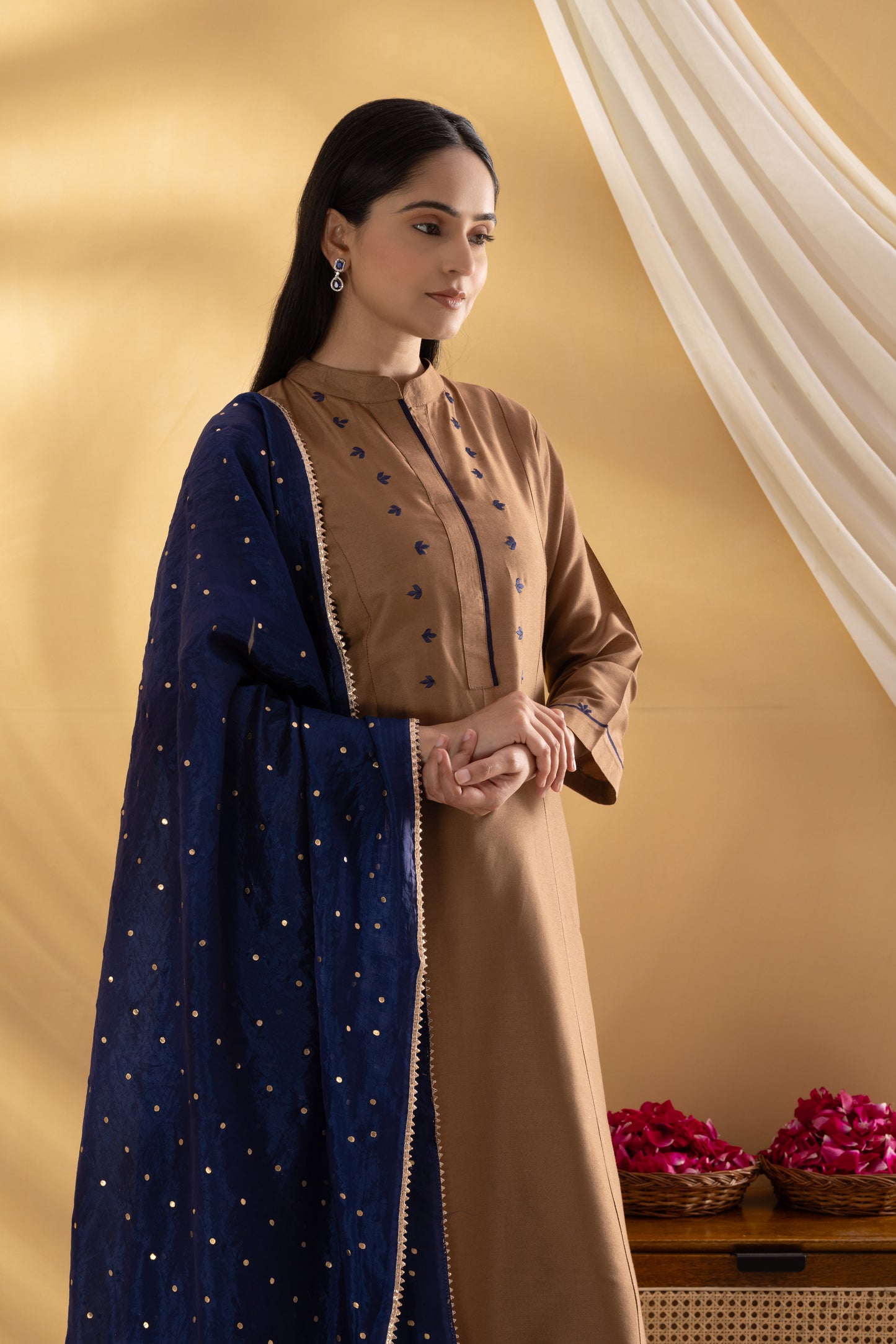 Saadgi  Warm Copper and Navy Embroidered Suit Set