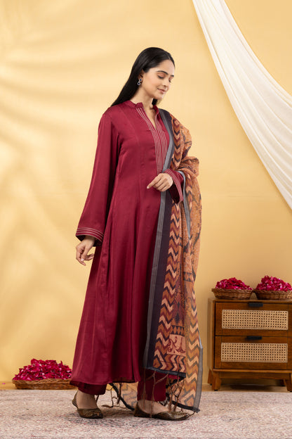 Saadgi  Deep Crimson Kalidar Suit Set