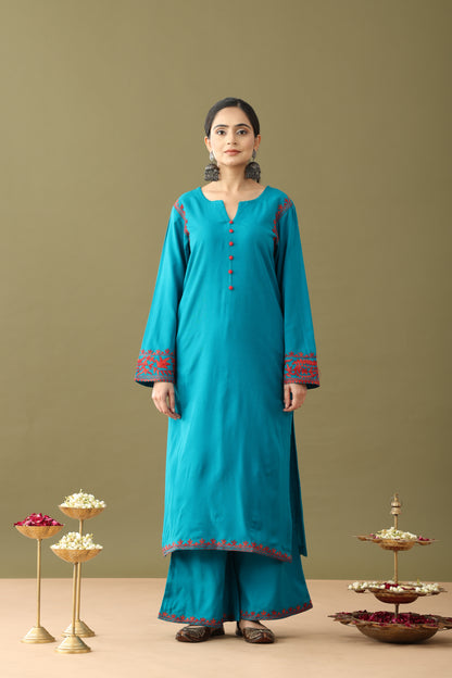 Utsaah Teal With Red Aari Embroidery Kurta Set