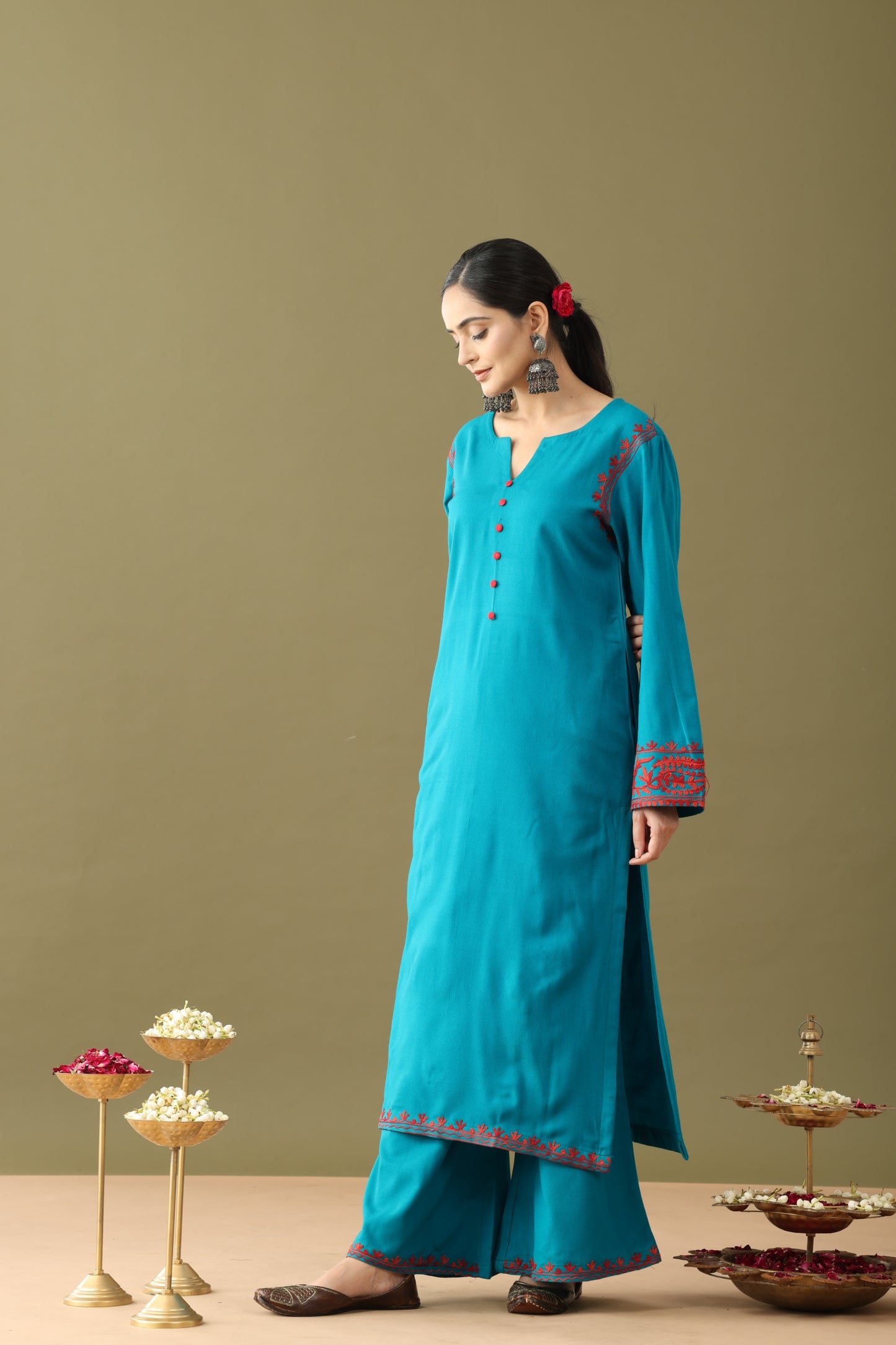 Utsaah Teal With Red Aari Embroidery Kurta Set