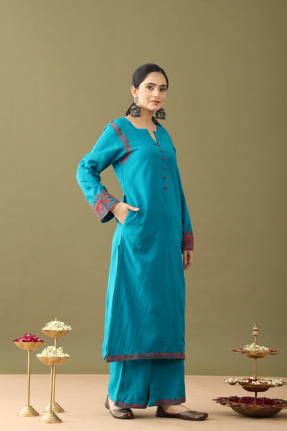 Utsaah Teal With Red Aari Embroidery Kurta Set