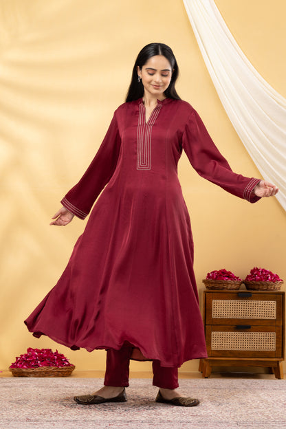 Saadgi  Deep Crimson Kalidar Kurta Set