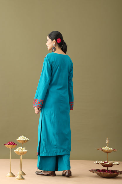 Utsaah Teal With Red Aari Embroidery Kurta Set