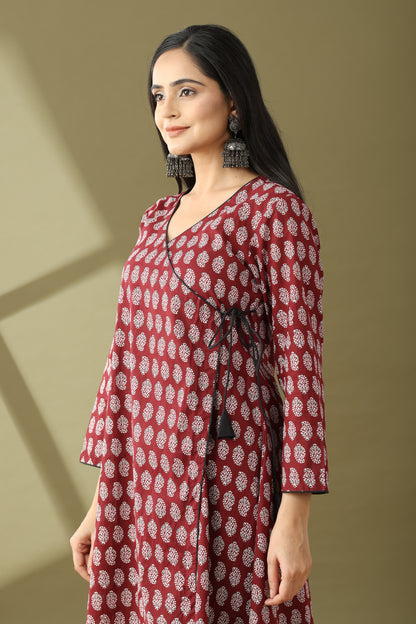 Utsaah Brunt Maroon And Black Angrakha Kurta Set