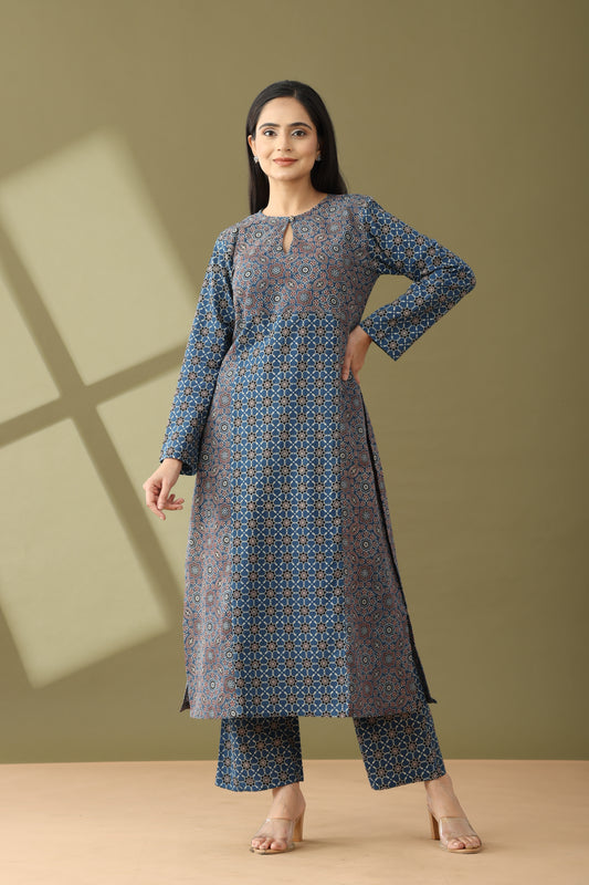 Utsaah Prussian Blue Ajrakh Kurta Set