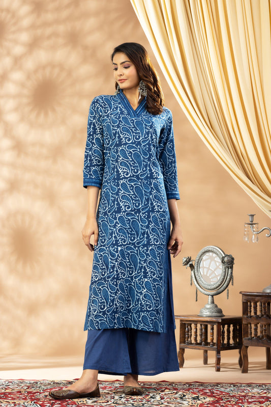 Umang Indigo Bagru V Neck Kurta Set