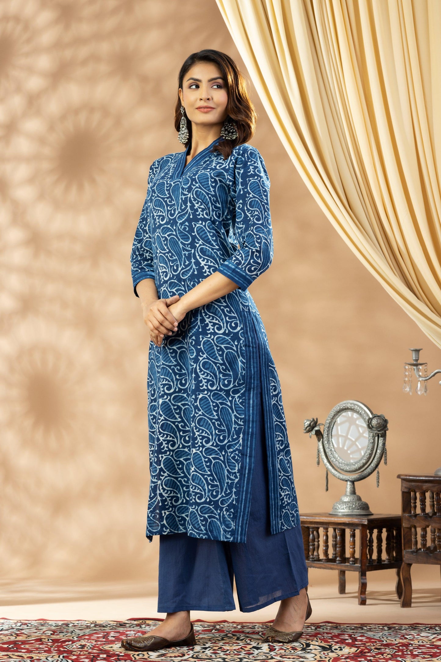 Umang Indigo Bagru V Neck Kurta Set