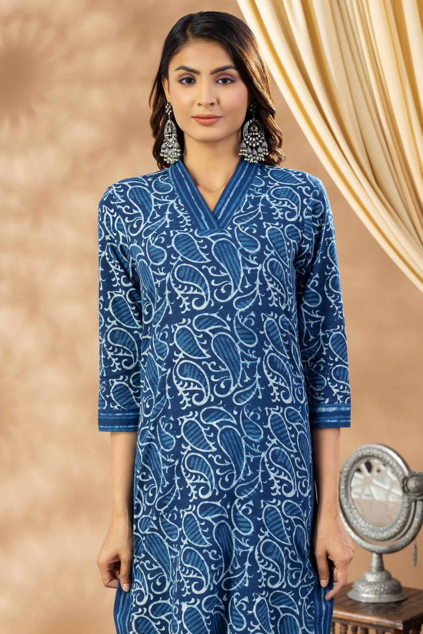 Umang Indigo Bagru V Neck Kurta Set