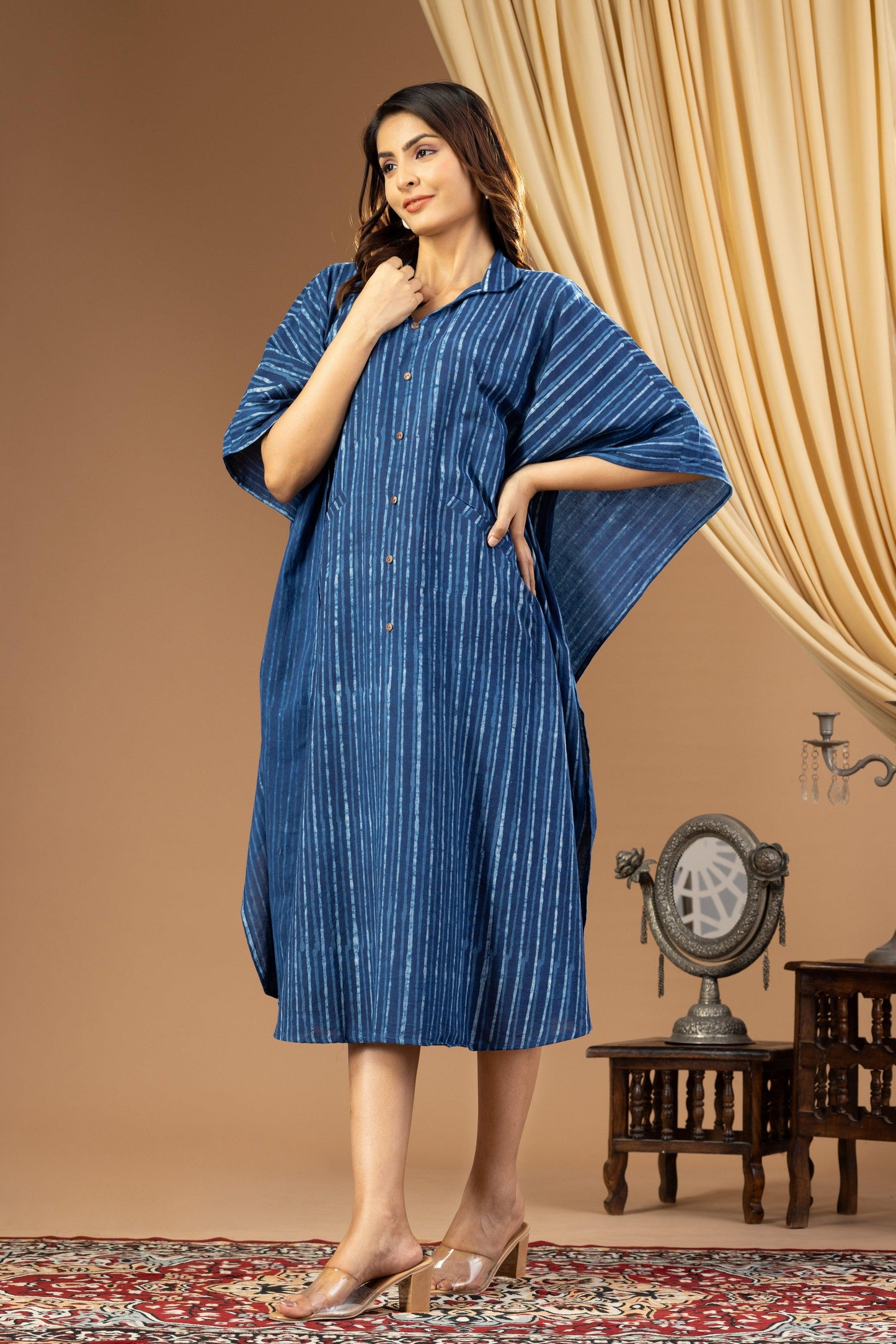 Umang Indigo Dabu Striped Kaftan