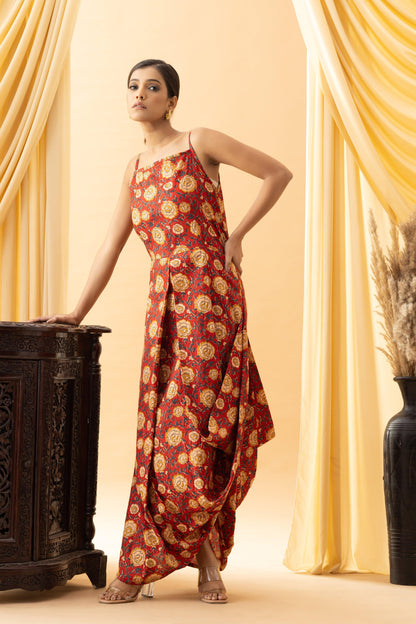 Aseel Red Kalamkari Cotton Cowl Dress