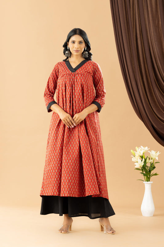 Bahaar Brick Rust Block Print Kurta  Set