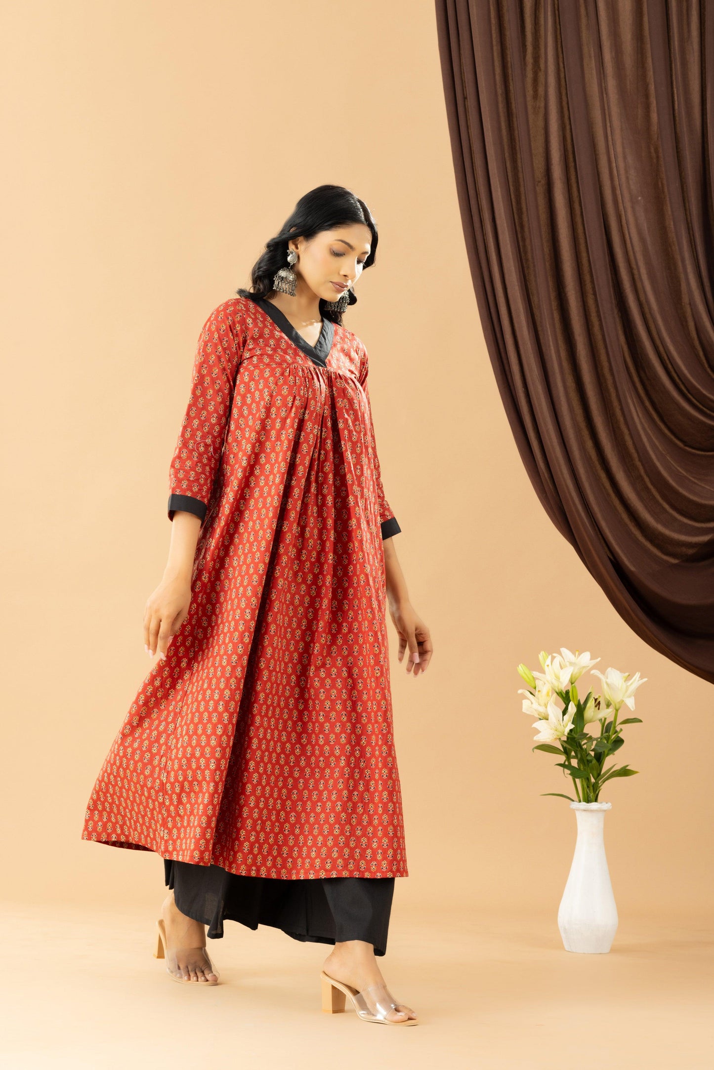 Bahaar Brick Rust Block Print Kurta  Set