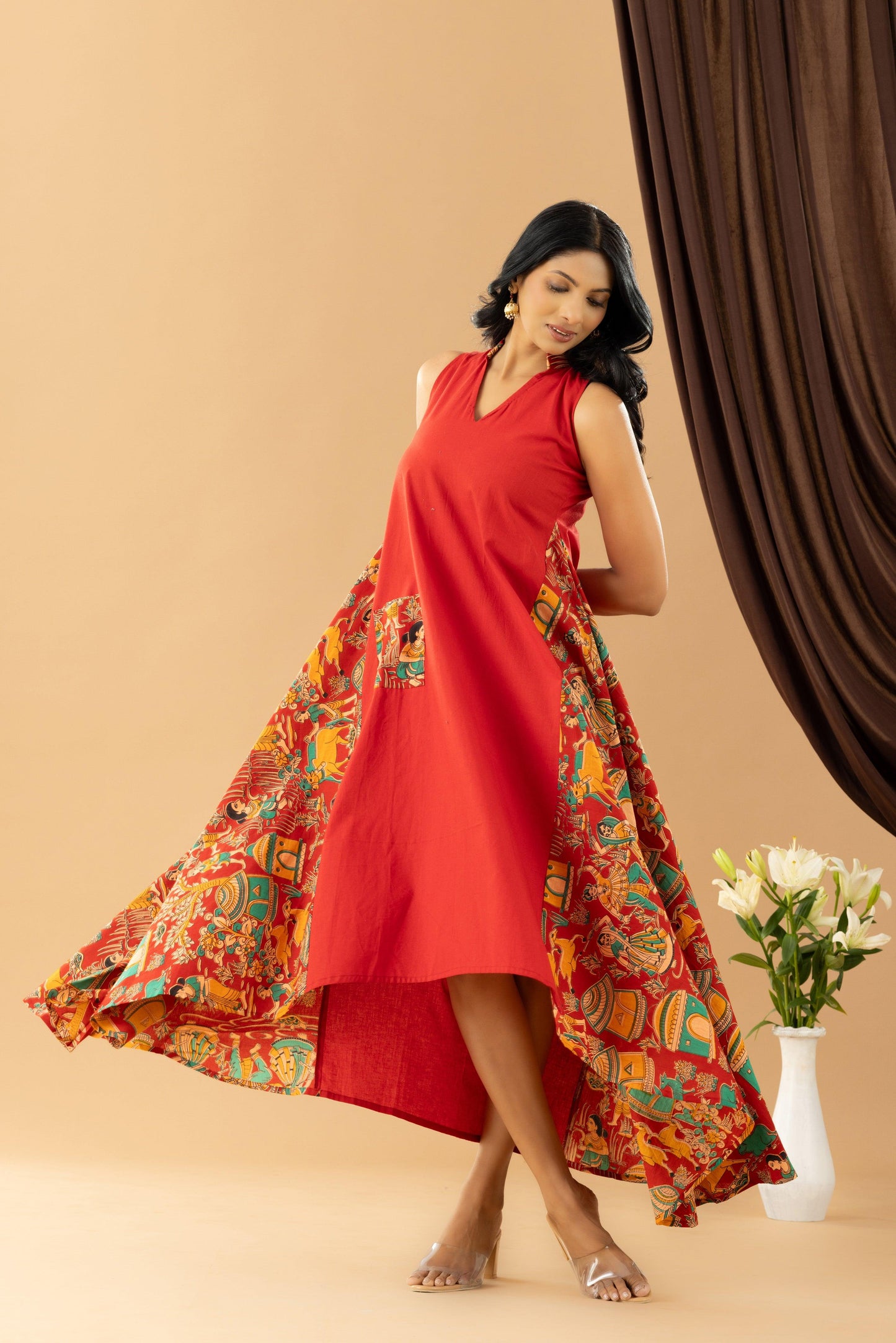 Bahaar Red Kalamkari Assymetrical Dress