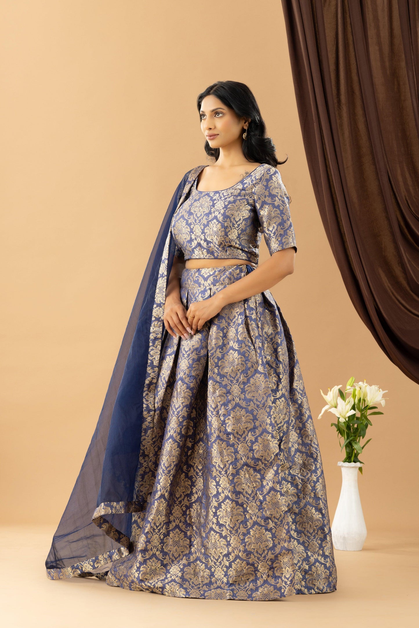 Bahaar Ink Blue Jacquard Skirt Blouse Dupatta Set