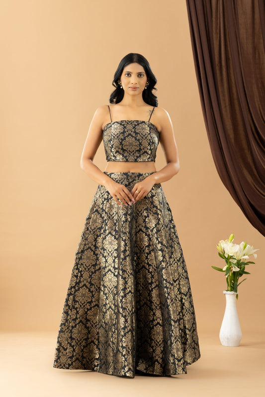 Bahaar Black Jacquard Skirt and Blouse Set