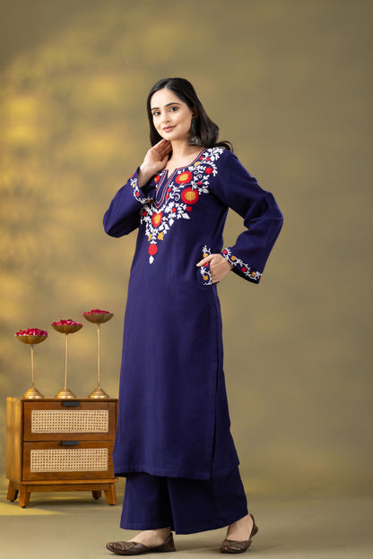 Utsaah Navy Woolen Multi Embroidery Kurta Set