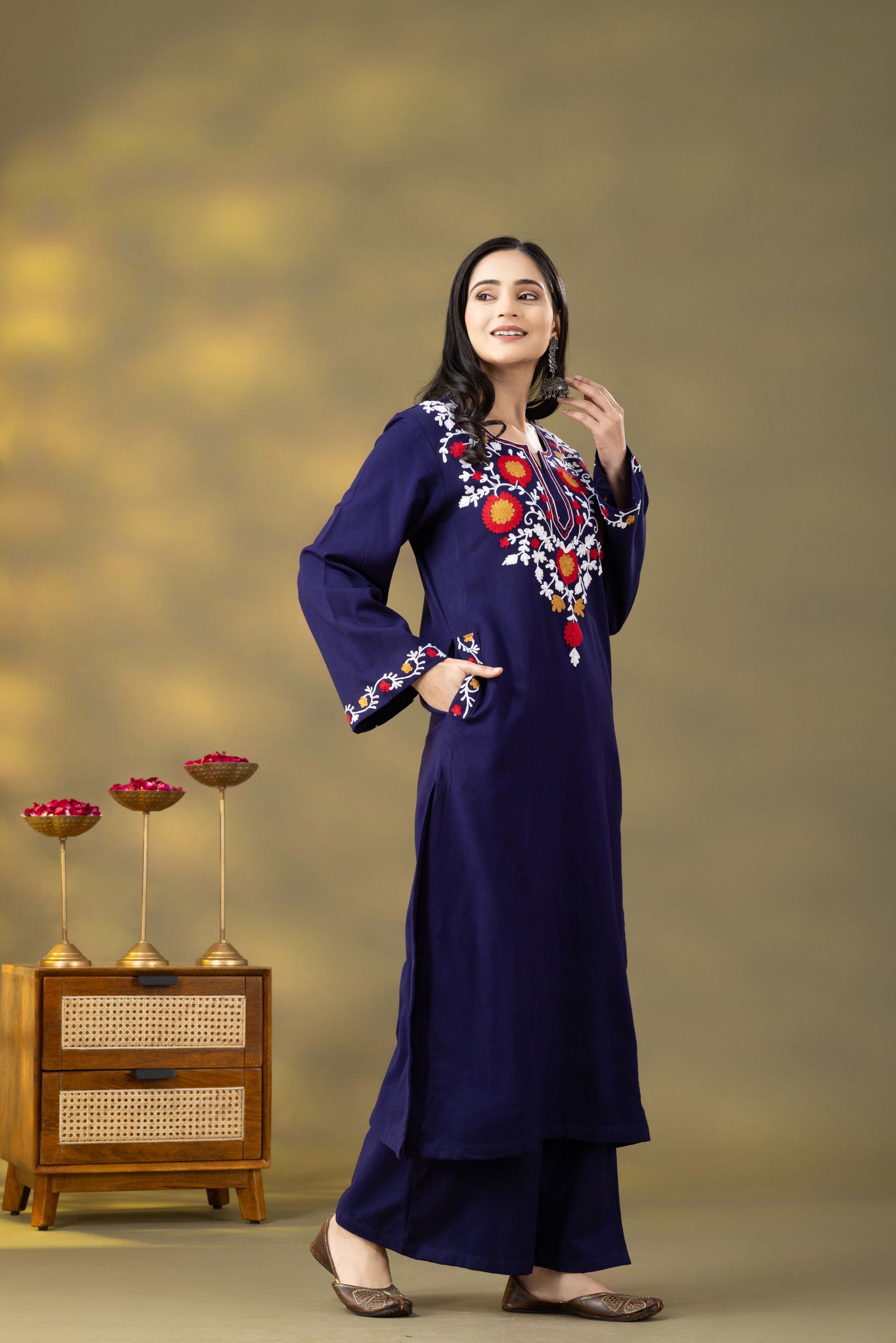 Utsaah Navy Woolen Multi Embroidery Kurta Set