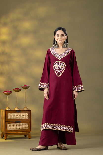 Utsaah Wine Wooolen Aari Embroidery Kurta Set