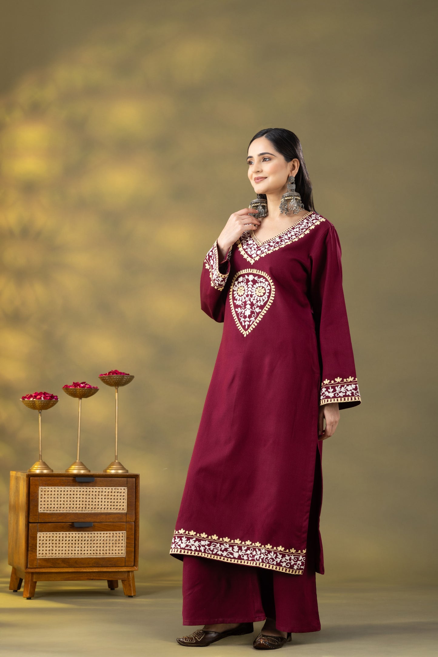 Utsaah Wine Wooolen Aari Embroidery Kurta Set