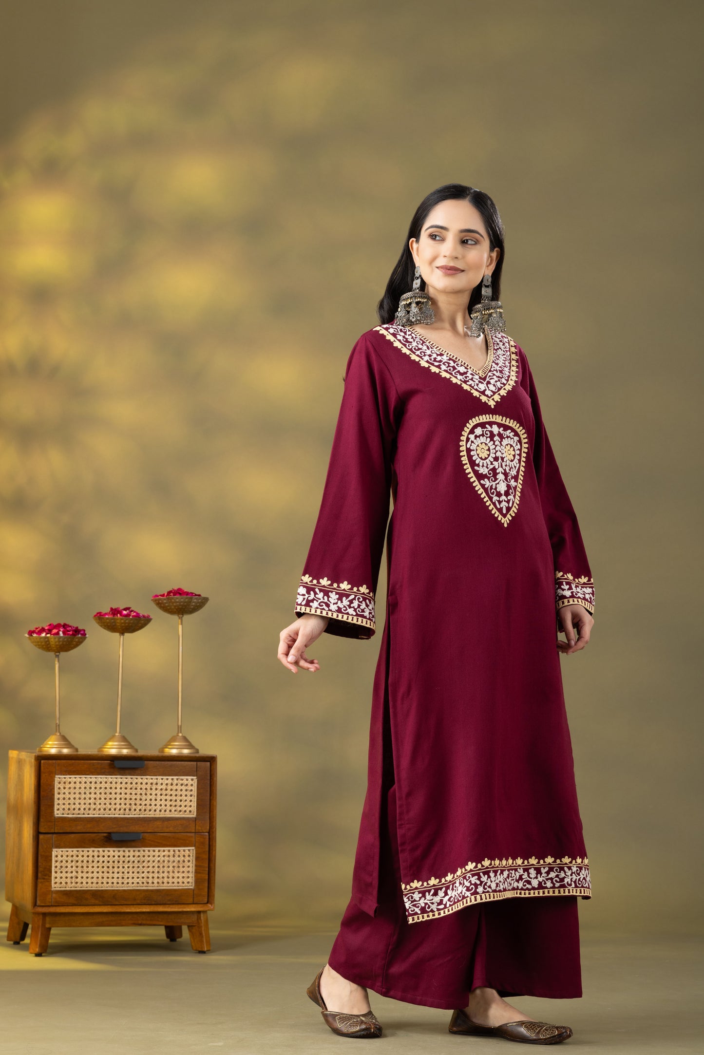 Utsaah Wine Wooolen Aari Embroidery Kurta Set