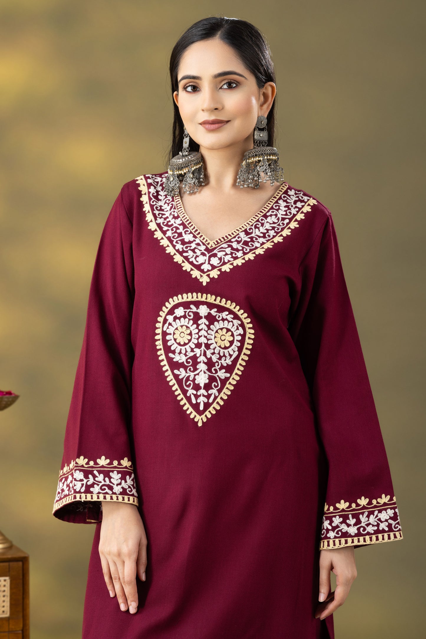 Utsaah Wine Wooolen Aari Embroidery Kurta Set