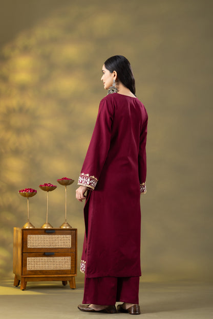 Utsaah Wine Wooolen Aari Embroidery Kurta Set