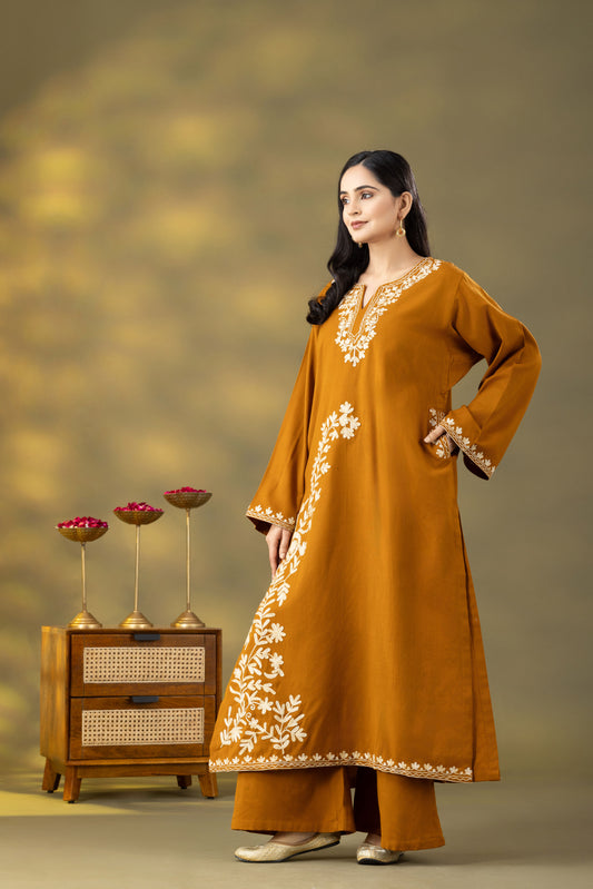 Utsaah Mustard Embroidered Phiran Set