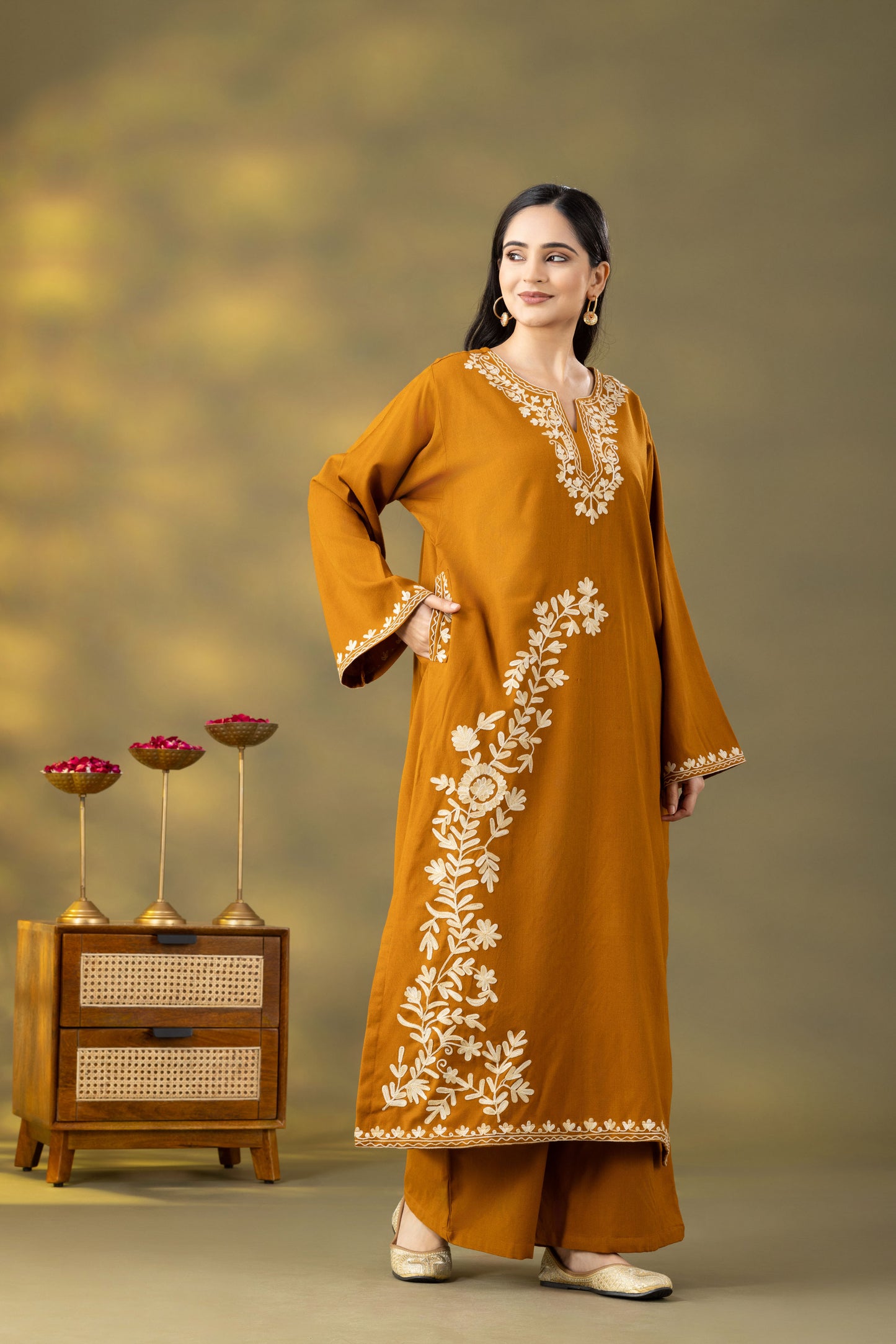 Utsaah Mustard Embroidered Phiran Set