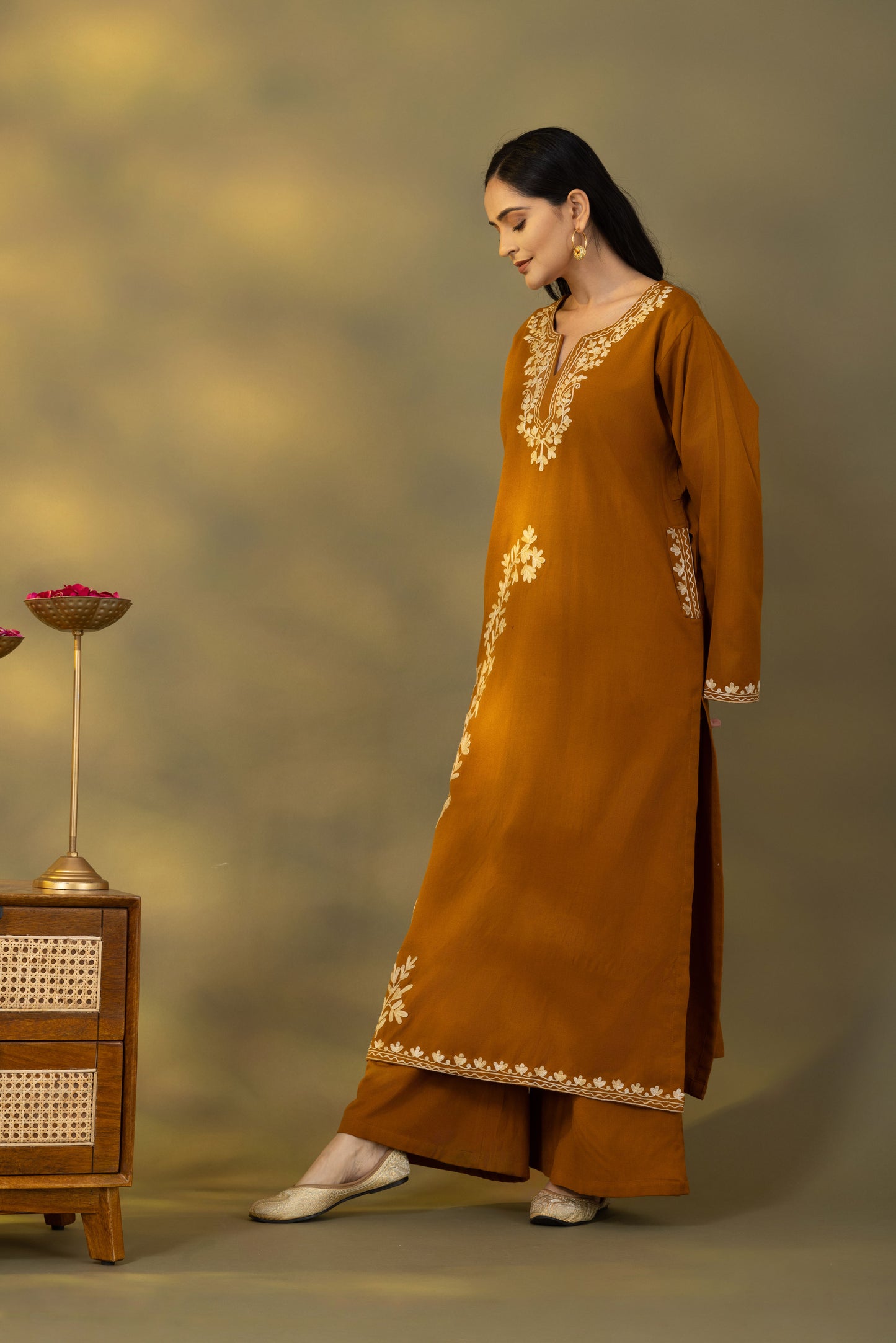 Utsaah Mustard Embroidered Phiran Set