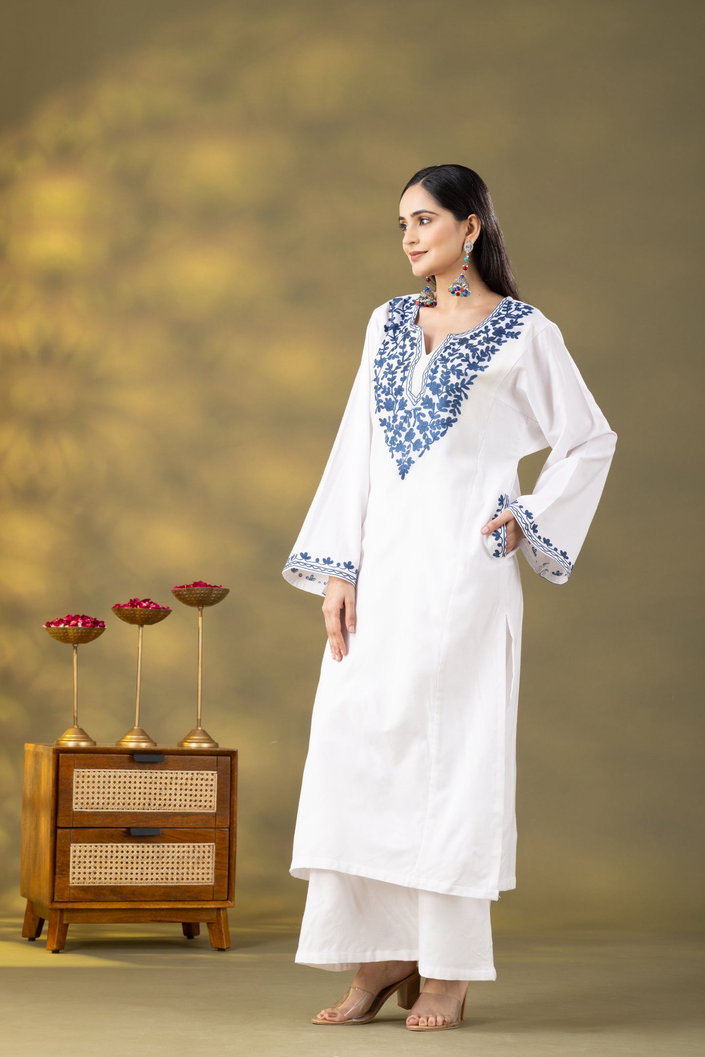 Utsaah White Embroidered Phiran Set