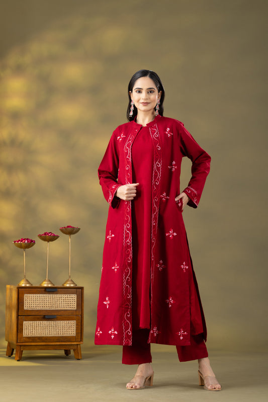 Utsaah Maroon Woolen Three Piece Set