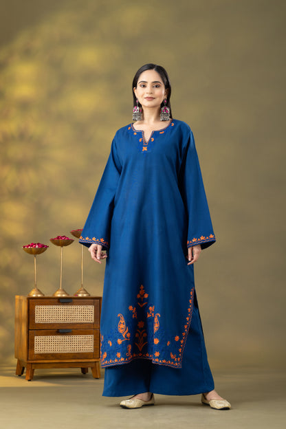 Utsaah Teal Blue Embroidered  Phiran Set