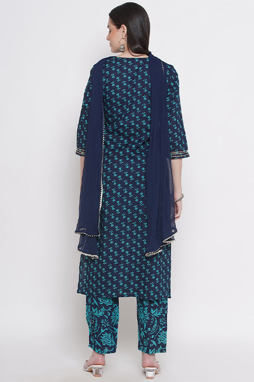 Navy Blue and Red Pure Cotton Aline Kurti With Trousers & Dupatta – GFH  Collection